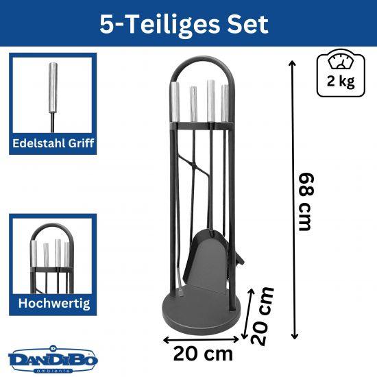 Preview: DanDiBo Kaminbesteck Modern Schwarz 5 Teilig Set 96573 Kaminset Kamingarnitur Ofenbesteck