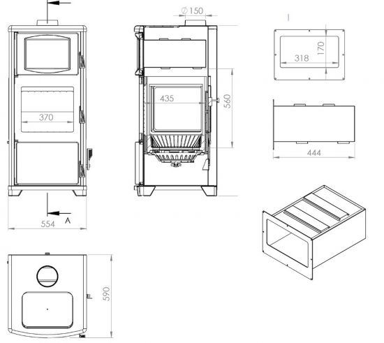 EEK A wood-burning stove with baking compartment hob panoramic fireplace three-sided glass Teba TKS 19 wood-burning stove 12 kW fireplace stove wood-burning cooker hob kitchen stove