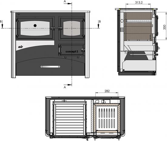 EEK A fireplace stove with baking compartment and stovetop ABC Concept 2 Air Left multi-use wood-burning stove 11.6 kW fireplace stove wood workshop stove Swedish stove cabin stove heating stove wood stove