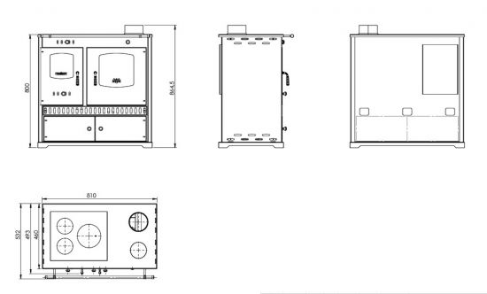 Kaminofen mit Backfach und Herdplatte Perfect Eco Lux Rot Links Holzofen 7 kW Kamin Ofen Holz Werkstattofen Hüttenofen Heizofen Gartenofen