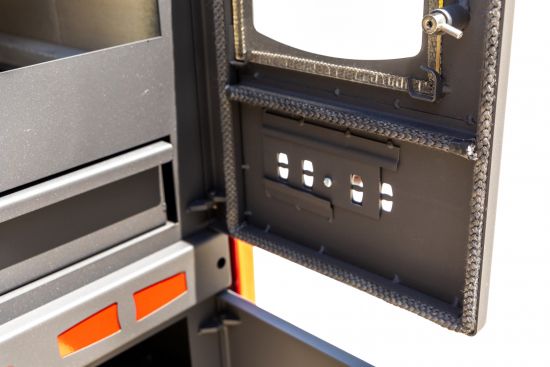 Kaminofen mit Backfach und Herdplatte Perfect Eco Lux Rot Links Holzofen 7 kW Kamin Ofen Holz Werkstattofen Hüttenofen Heizofen Gartenofen