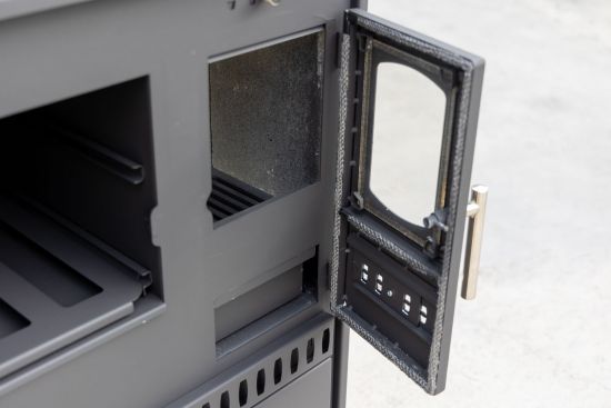 Kaminofen mit Backfach und Herdplatte Perfect Eco Schwarz Links Holzofen 7 kW Kamin Ofen Holz Werkstattofen Hüttenofen Heizofen Gartenofen