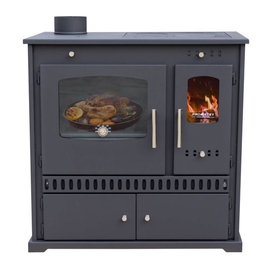 Preview: Kaminofen mit Backfach und Herdplatte Perfect Eco Schwarz Links Holzofen 7 kW Kamin Ofen Holz Werkstattofen Hüttenofen Heizofen Gartenofen