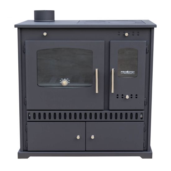 Preview: Kaminofen mit Backfach und Herdplatte Perfect Eco Schwarz Links Holzofen 7 kW Kamin Ofen Holz Werkstattofen Hüttenofen Heizofen Gartenofen