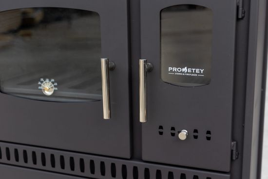 Kaminofen mit Backfach und Herdplatte Perfect Eco Schwarz Links Holzofen 7 kW Kamin Ofen Holz Werkstattofen Hüttenofen Heizofen Gartenofen