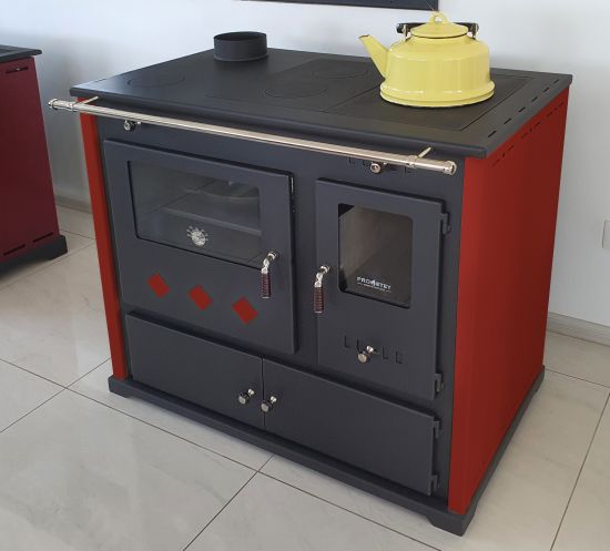 Kaminofen mit Backfach und Herdplatte Pracktik Lux Rot LINKS Holzofen 9,5 kW Kamin Ofen Dauerbrandofen Werkstattofen Schwedenofen Hüttenofen Heizofen