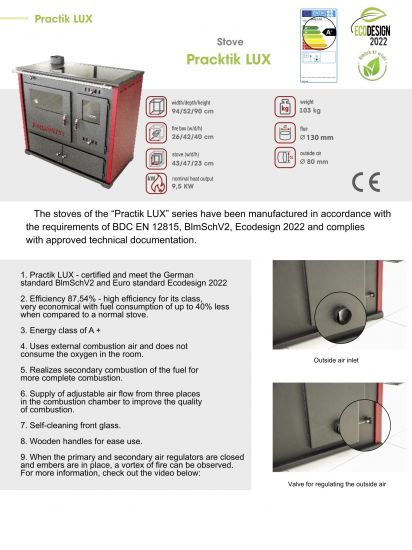 Kaminofen mit Backfach und Herdplatte Pracktik Lux Rot LINKS Holzofen 9,5 kW Kamin Ofen Dauerbrandofen Werkstattofen Schwedenofen Hüttenofen Heizofen
