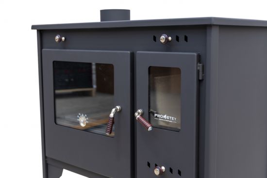 Preview: Kaminofen mit Backfach und Herdplatte Retro Eco Schwarz Links Holzofen 7 kW Kamin Ofen Holz Werkstattofen Hüttenofen Heizofen Gartenofen