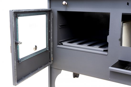 Kaminofen mit Backfach und Herdplatte Retro Eco Schwarz Links Holzofen 7 kW Kamin Ofen Holz Werkstattofen Hüttenofen Heizofen Gartenofen