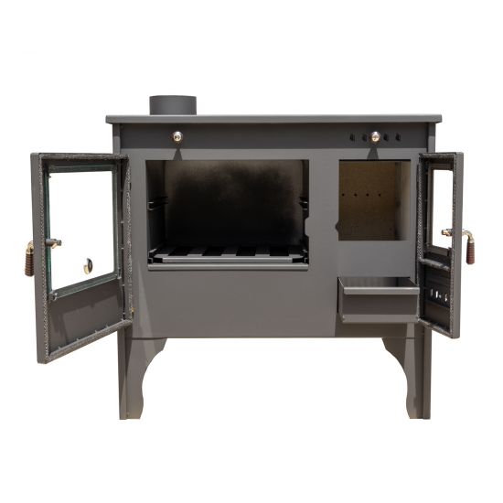 Kaminofen mit Backfach und Herdplatte Retro Eco Schwarz Links Holzofen 7 kW Kamin Ofen Holz Werkstattofen Hüttenofen Heizofen Gartenofen