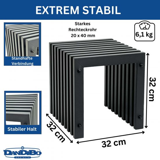 Preview: DanDiBo Lamellenhocker Hocker Metall Schwarz Eckig BASE Massiv 32 cm Modern Beistelltisch Lamellen