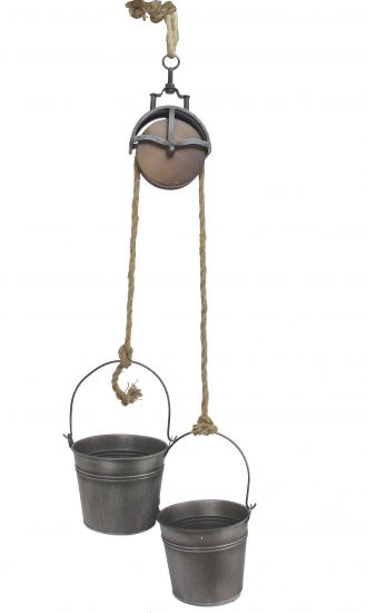 Metalleimer mit Umlenkrolle Deko Set Silber Grau MB27 Seil Dekoration Pflanztopf Pflanzen Blumentopf Kübel Seilwinde Wassereimer