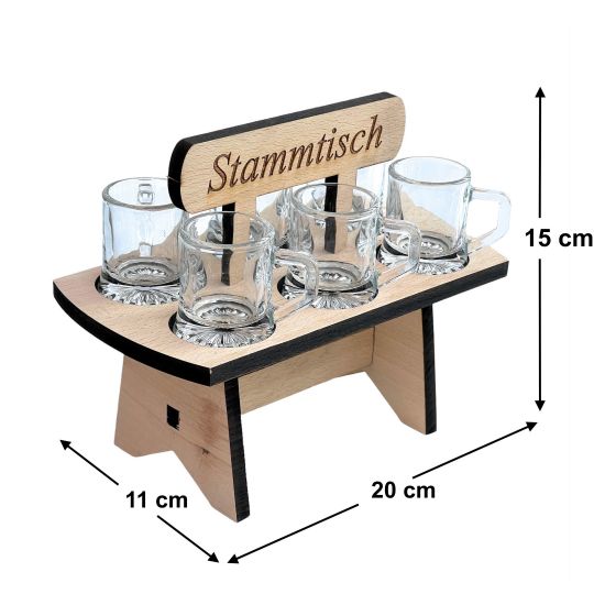 Preview: Schnapsbrett 20cm mit Gravur Stammtisch mit 6 Gläser Schnapslatte Schnapsleiste Schnapsrunde Serviertablett