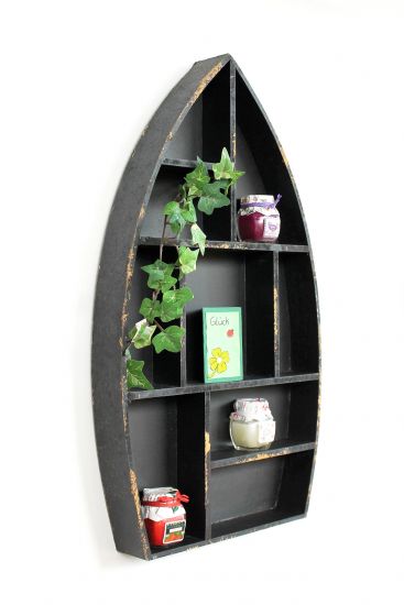 Preview: Setzkasten Boot Sammlervitrine Schwarz 12111 Loft 58cm Shabby Landhaus Wandregal