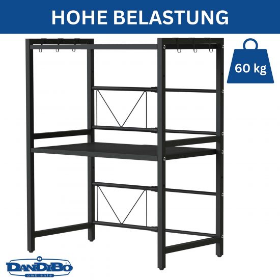 Preview: DanDiBo Verstellbares Küchenregal für Arbeitsplatte Schwarz Stehend 3 Stufig 40-64 cm Regal Küche 96614 Standregal