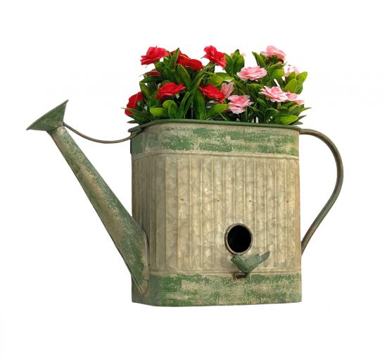 DanDiBo Vogelhaus mit Blumentopf zum Aufhängen Metall Deko Gießkanne wetterfest 481999 Nistkasten 40 cm Futterstation für Vögel Shabby Metallkanne Kanne Balkon