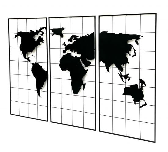 Wanddekoration Weltkarte Metall 170x100 cm Schwarz 3-teilig Dekoschild 210329 Wandbild Weltatlas Dekoration Schild Wand Wandkunst