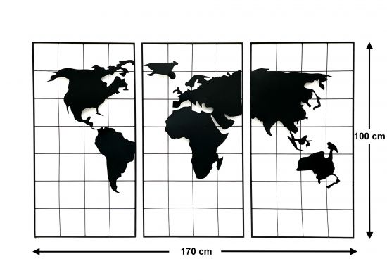 Preview: Wanddekoration Weltkarte Metall 170x100 cm Schwarz 3-teilig Dekoschild 210329 Wandbild Weltatlas Dekoration Schild Wand Wandkunst