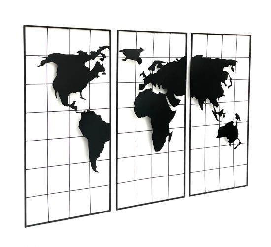 Preview: Wanddekoration Weltkarte Metall 170x100 cm Schwarz 3-teilig Dekoschild 210329 Wandbild Weltatlas Dekoration Schild Wand Wandkunst