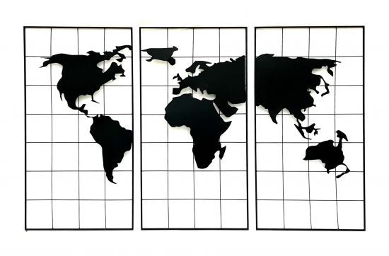 Wanddekoration Weltkarte Metall 170x100 cm Schwarz 3-teilig Dekoschild 210329 Wandbild Weltatlas Dekoration Schild Wand Wandkunst