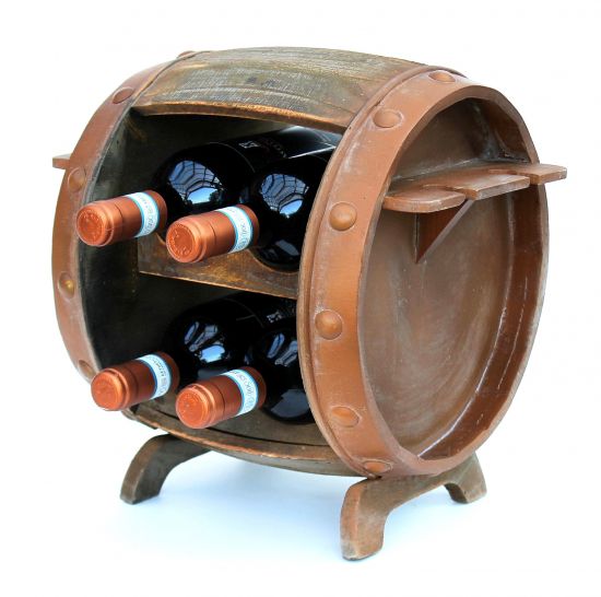 Preview: Weinregal Holz Weinfass Braun 33 cm 2110 Bar Flaschenregal Flaschenständer Klein Fass Holzfass mit Glashalter