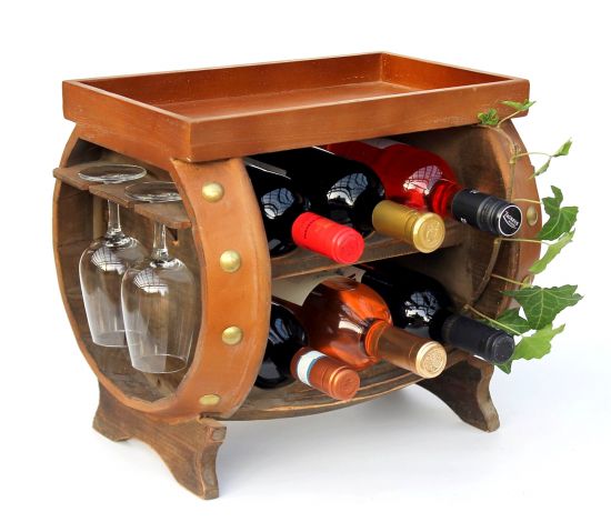 DanDiBo Wine Rack Wooden Wine Barrel Brown 33 cm 9064 Bar Bottle Rack Bottle Rack Small Barrel Wooden Barrel with Glass Holder