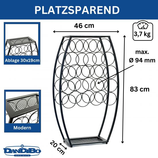 Preview: Weinregal Metall Schwarz Stehend 83 cm 96640 Weinständer für 18 Flaschen Dekorativer Weinflaschenhalter in Fass-Optik Flaschenregal mit Ablage