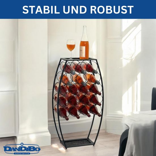 Weinregal Metall Schwarz Stehend 83 cm 96640 Weinständer für 18 Flaschen Dekorativer Weinflaschenhalter in Fass-Optik Flaschenregal mit Ablage