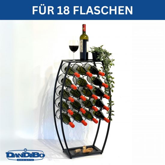 Weinregal Metall Schwarz Stehend 83 cm 96640 Weinständer für 18 Flaschen Dekorativer Weinflaschenhalter in Fass-Optik Flaschenregal mit Ablage