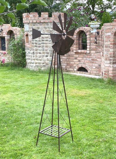 DanDiBo Windrad Metall 170 cm kugelgelagert Braun Windspiel Gartenstecker 96019 Windmühle Wetterfest Gartendeko Garten Bodenstecker