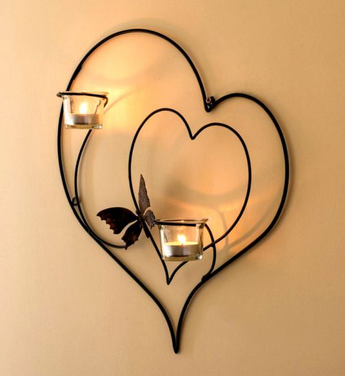 Preview: Wandteelichthalter Herz 39cm Schwarz Teelichthalter aus Metall Wandleuchter Kerzenhalter