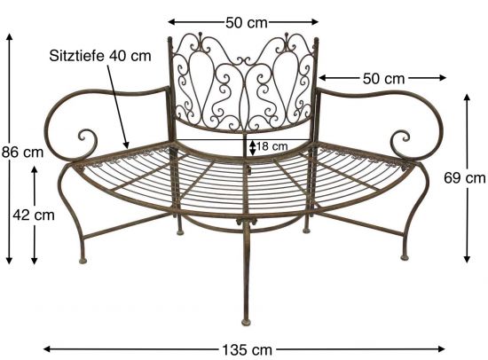 Preview: DanDiBo Baumbank Metall wetterfest Braun 135 cm 3-Sitzer halbrund JC112287 Gartenbank Rundbank