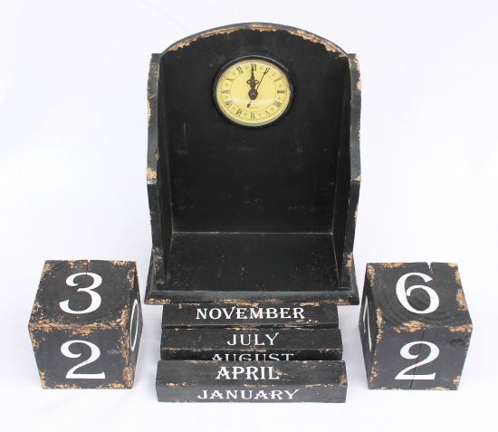 Preview: Uhr mit Kalender 14B142 Schwarz Shabby Kaminuhr Standuhr 25cm Vintage Quarzuhr