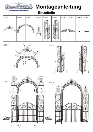 DanDiBo Rosenbogen mit Tür Tor aus Metall 120853 Rundbogen Antik Torbogen Gartentor Rankhilfe Schmiedeeisen