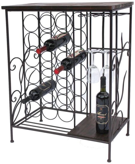 Preview: Weinregal mit Holzablage 12977 Flaschenregal mit Glashalter 83 cm Braun Metall Holz Flaschenhalter Weinschrank Regal Stehend