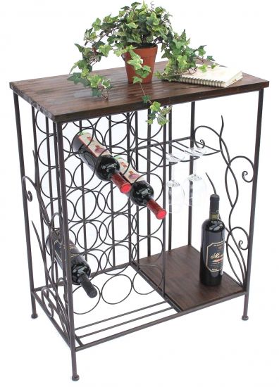 Preview: Weinregal mit Holzablage 12977 Flaschenregal mit Glashalter 83 cm Braun Metall Holz Flaschenhalter Weinschrank Regal Stehend