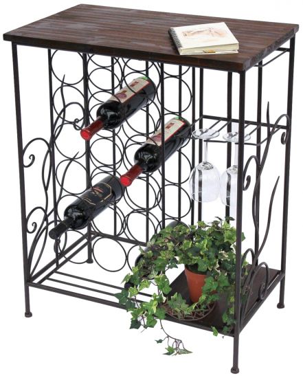 Weinregal mit Holzablage 12977 Flaschenregal mit Glashalter 83 cm Braun Metall Holz Flaschenhalter Weinschrank Regal Stehend