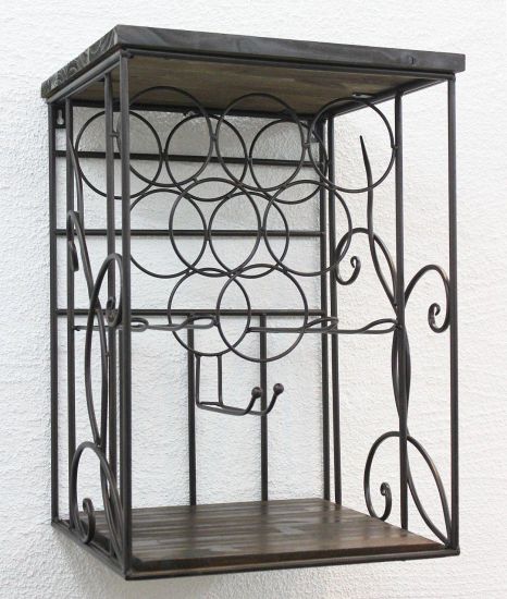 Preview: DanDiBo Weinregal Metall Wand mit Glashalter Holzablage HX12981 Flaschenregal 53 cm Flaschenhalter Wandmontage