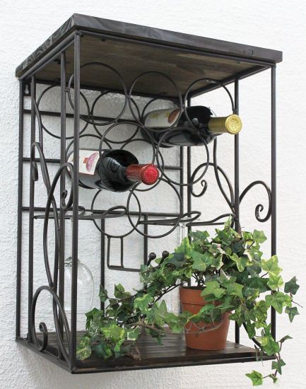 Preview: DanDiBo Weinregal Metall Wand mit Glashalter Holzablage HX12981 Flaschenregal 53 cm Flaschenhalter Wandmontage