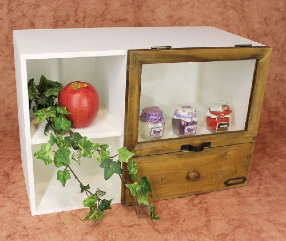 Minikommode 12016 Kommode mit Vitrine und Schublade Regal 48cm Schrank Shabby