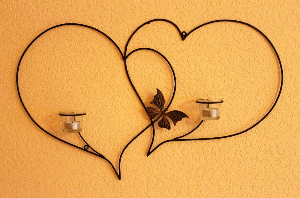 Doppelherz Wandteelichthalter Herz 65 cm Teelichthalter aus Metall Wandleuchter Kerzenhalter