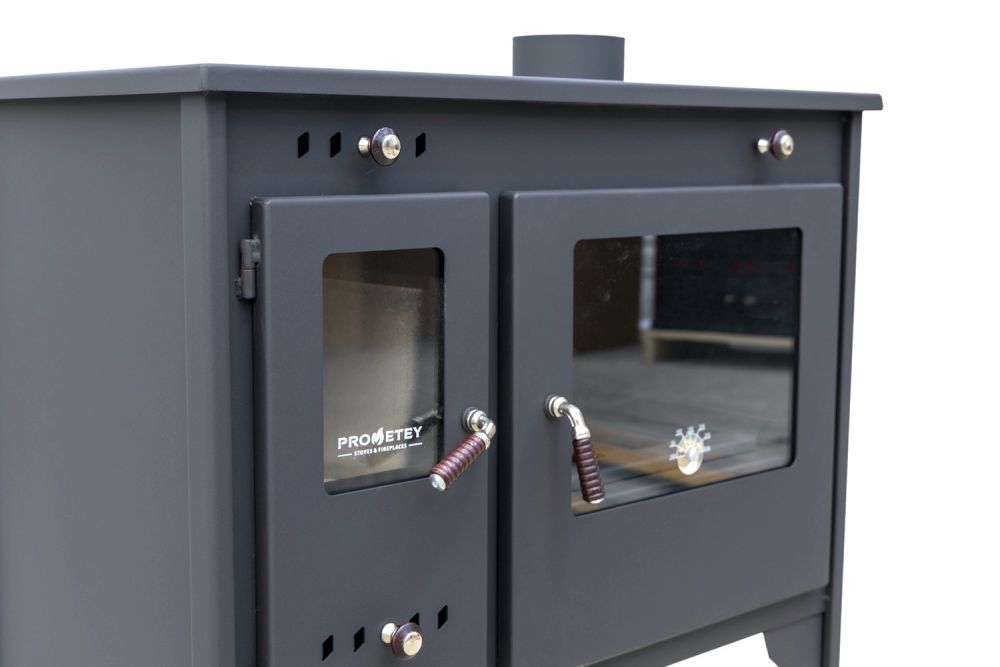 Kaminofen mit Backfach und Herdplatte Retro Eco Schwarz Rechts Holzofen 7 kW Kamin Ofen Holz Werkstattofen Hüttenofen Heizofen Gartenofen