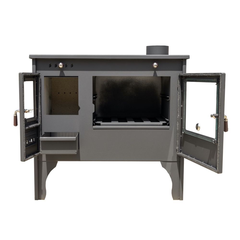 Kaminofen mit Backfach und Herdplatte Retro Eco Schwarz Rechts Holzofen 7 kW Kamin Ofen Holz Werkstattofen Hüttenofen Heizofen Gartenofen