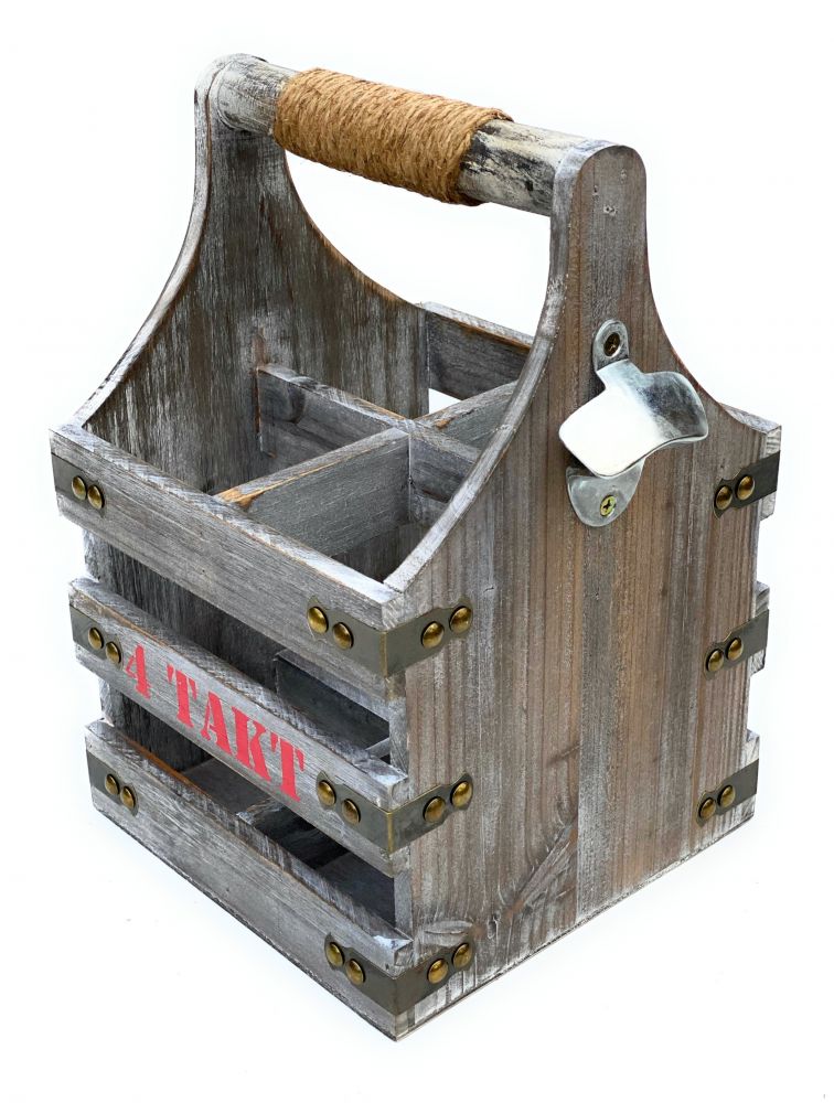 DanDiBo Bierträger mit Flaschenöffner Flaschenträger 4 Takt 96034 Flaschenkorb aus Holz 4er Bier