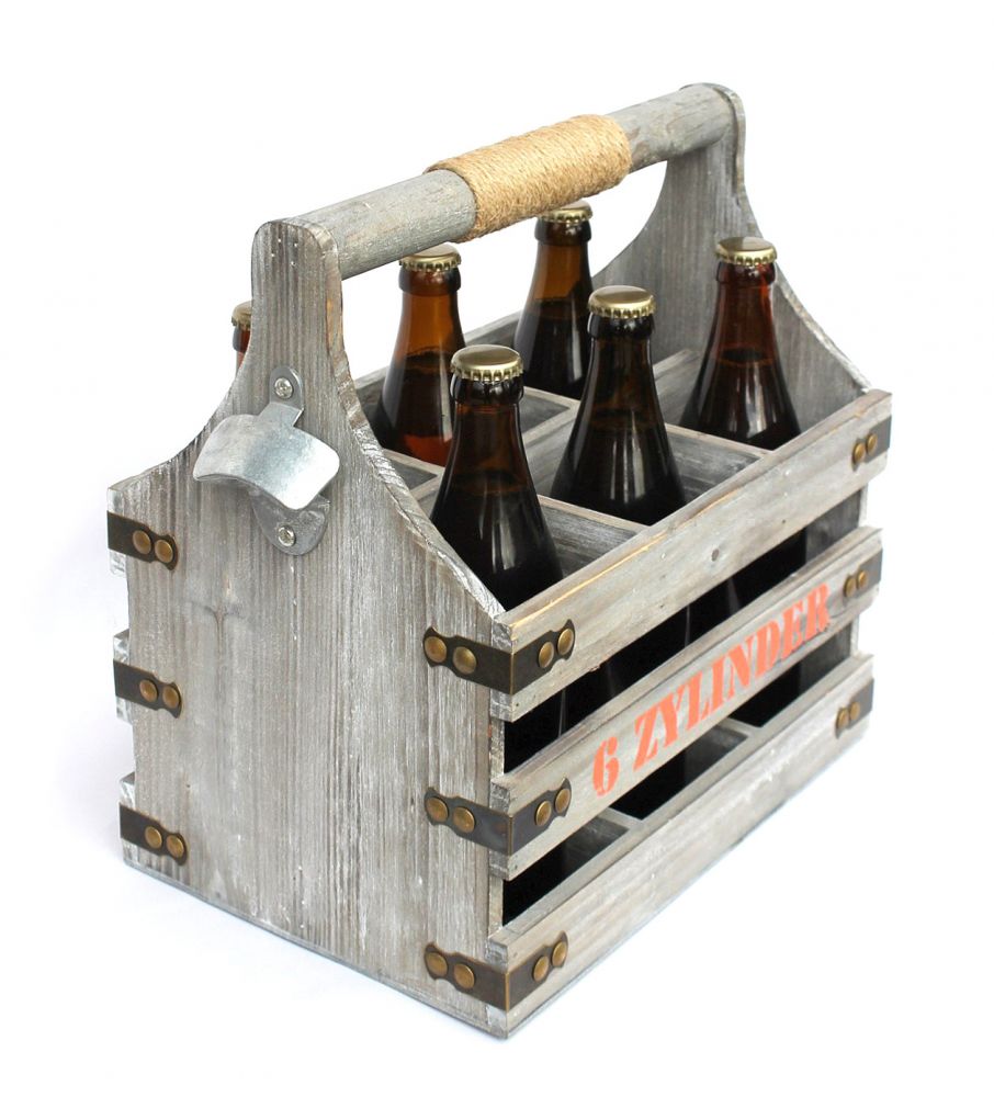 Bierträger mit Flaschenöffner Flaschenträger 6 Zylinder 93540 Bierkiste aus Holz 32cm