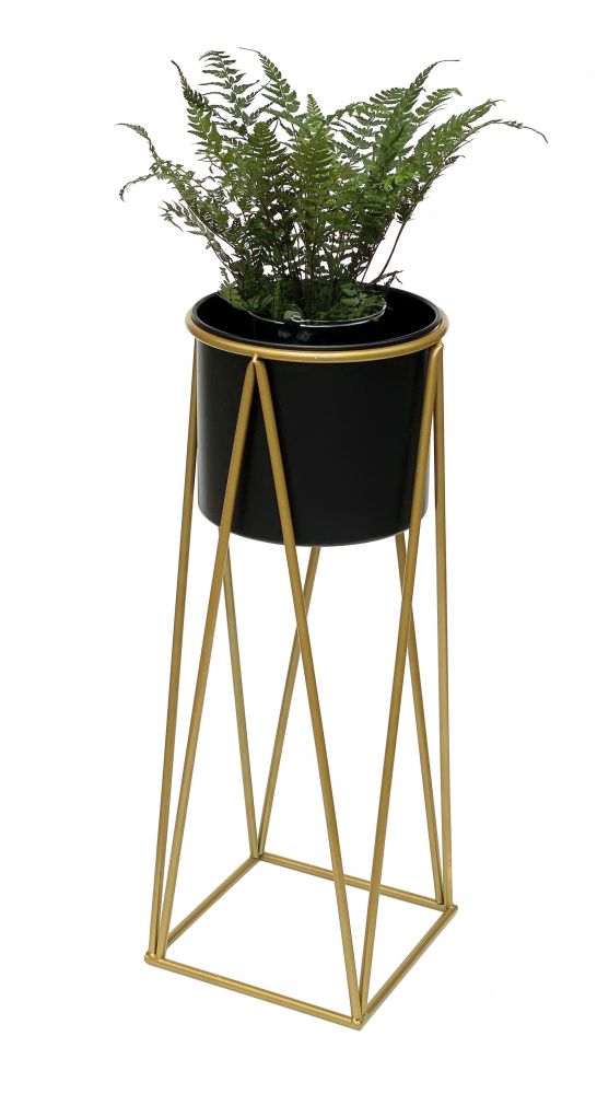DanDiBo Blumenhocker mit Topf Metall Gold Schwarz L 70 cm Blumenständer 96046 Blumensäule Modern Pflanzenständer Pflanzenhocker