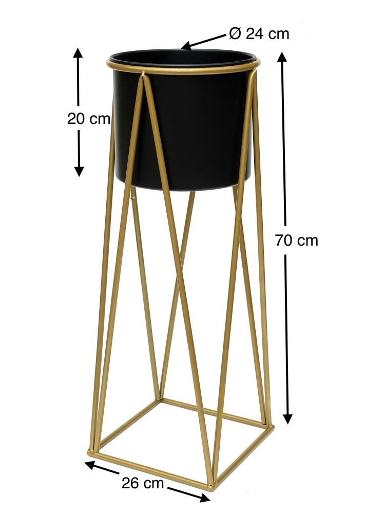 DanDiBo Blumenhocker mit Topf Metall Gold Schwarz L 70 cm Blumenständer 96046 Blumensäule Modern Pflanzenständer Pflanzenhocker