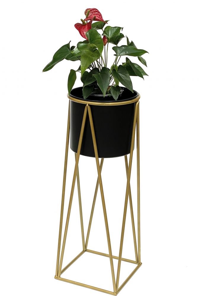 DanDiBo Blumenhocker mit Topf Metall Gold Schwarz L 70 cm Blumenständer 96046 Blumensäule Modern Pflanzenständer Pflanzenhocker