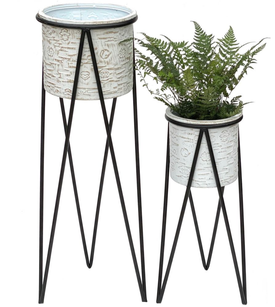 DanDiBo Blumenhocker mit Topf Metall Schwarz Weiß 2er Set Blumenständer 96043 Blumensäule Modern Pflanzenständer Pflanzenhocker