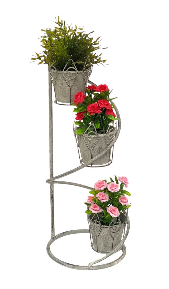 DanDiBo Blumentreppe Innen Metall Weiß Grau Rund 75 cm Blumenständer mit 3 Töpfe 96131 Blumenständer Blumensäule Pflanzenständer Balkon Vintage